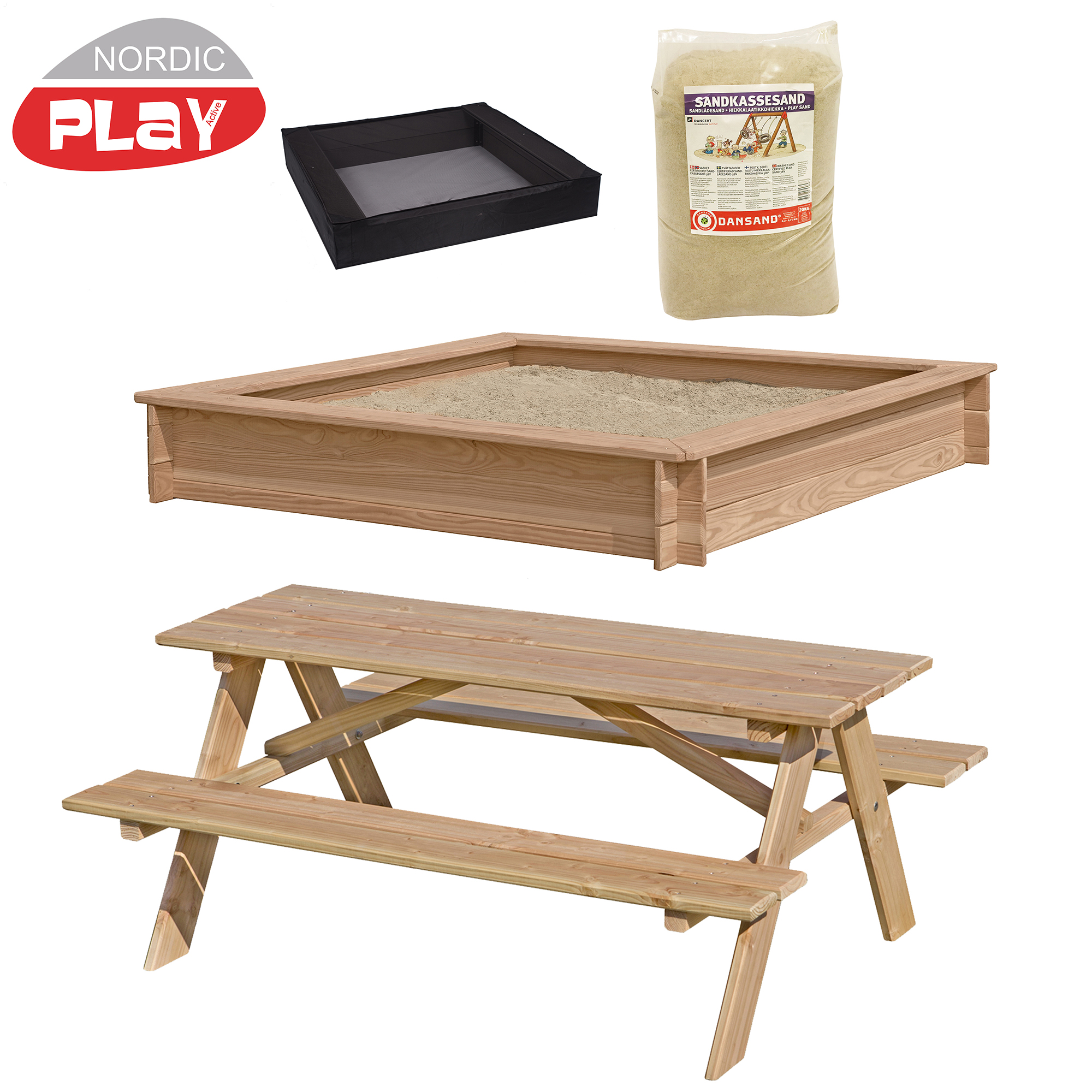 Hiekkalaatikko, lehtikuusi, 150 x 150 cm sis. verkko, 200 kg hiekkaa ja pöytä- ja penkkisetti or pöytä/penkkisetti. NORDIC PLAY