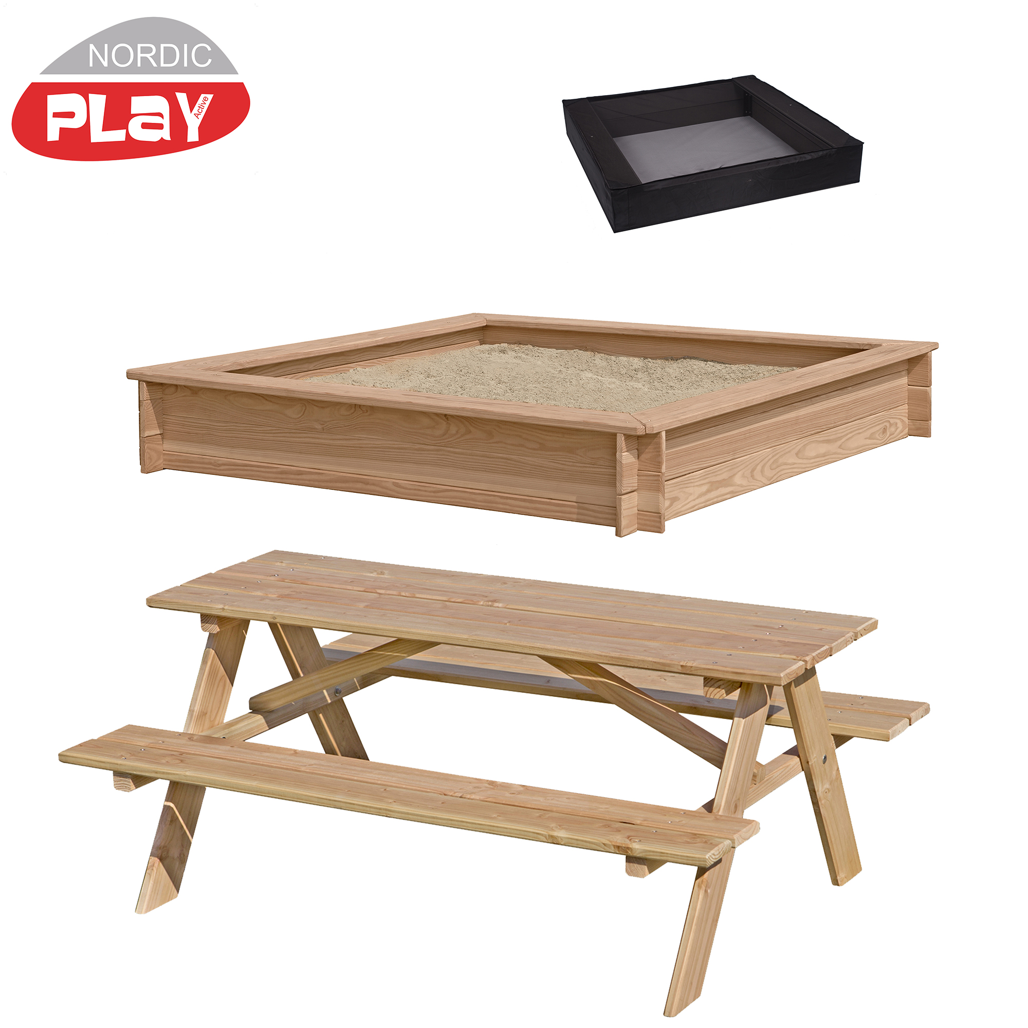Hiekkalaatikko, lehtikuusi, 150 x 150 cm sis. verkko ja pöytä- ja penkkisetti or pöytä/penkkisetti. NORDIC PLAY