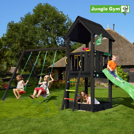Leikkitornikokonaisuus Jungle Gym Club 2.1, musta pohjamaali, ja 2-Swing Module 220 ilman liukumäkeä