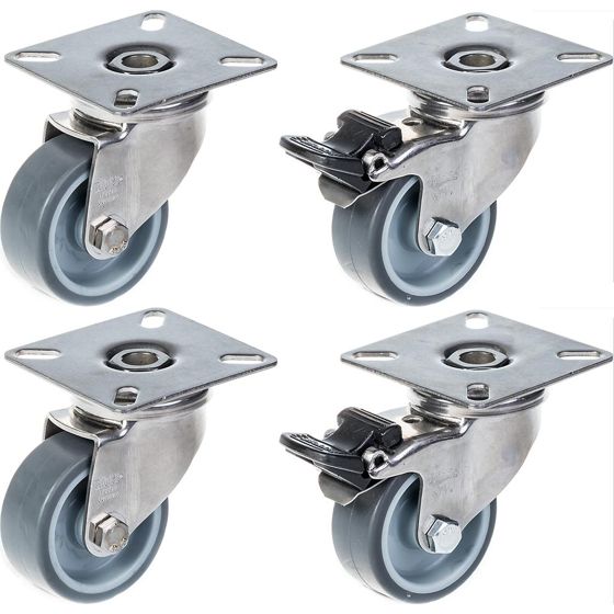 50mm 2" ruostumattomasta teräksestä valmistettu harmaa kumirooli, kääntyvä ja jarru, 160kg, 4 kpl:n sarja.