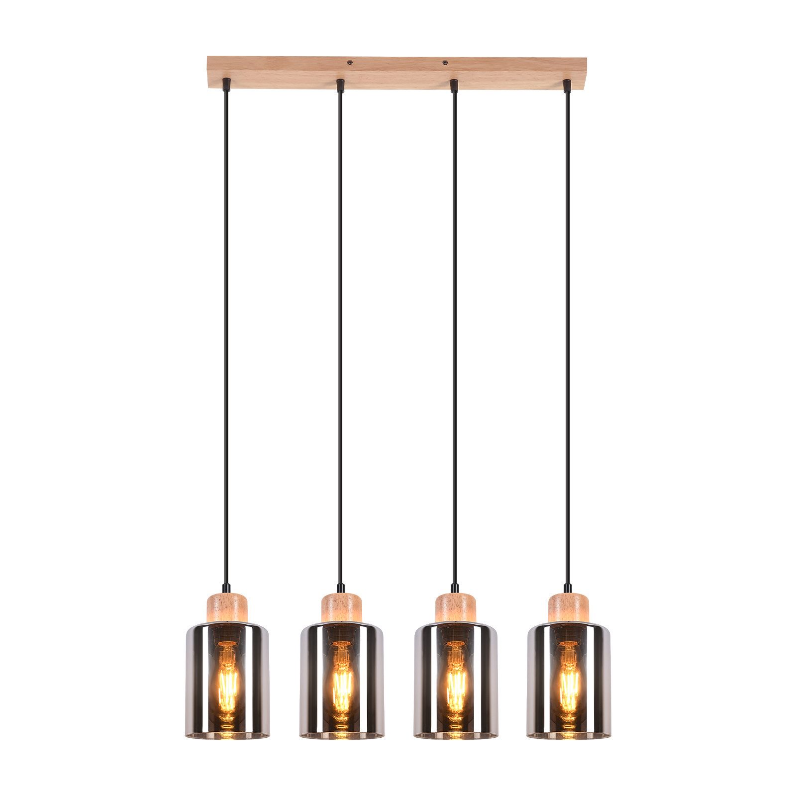 NETTLIFE-ruokapöydän riippuvalaisin, lasinen riippuvalaisin, vintage-ruokapöydän valaisin, puinen riippuvalaisin, 4 savulasiliekkiä, E27
