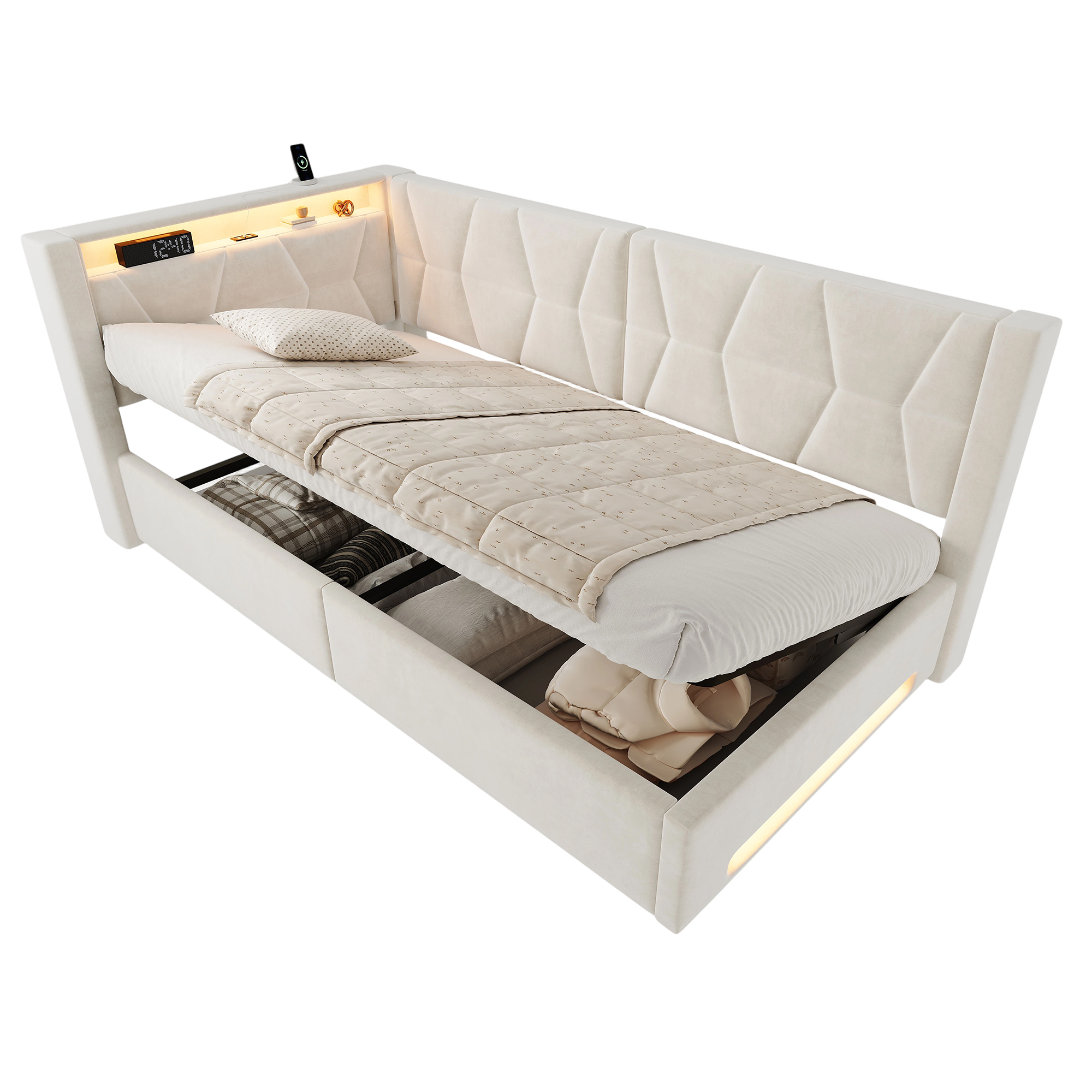 sänky 90x200 cm säilytystila LED-valaistus USB ja type-c beige sametti