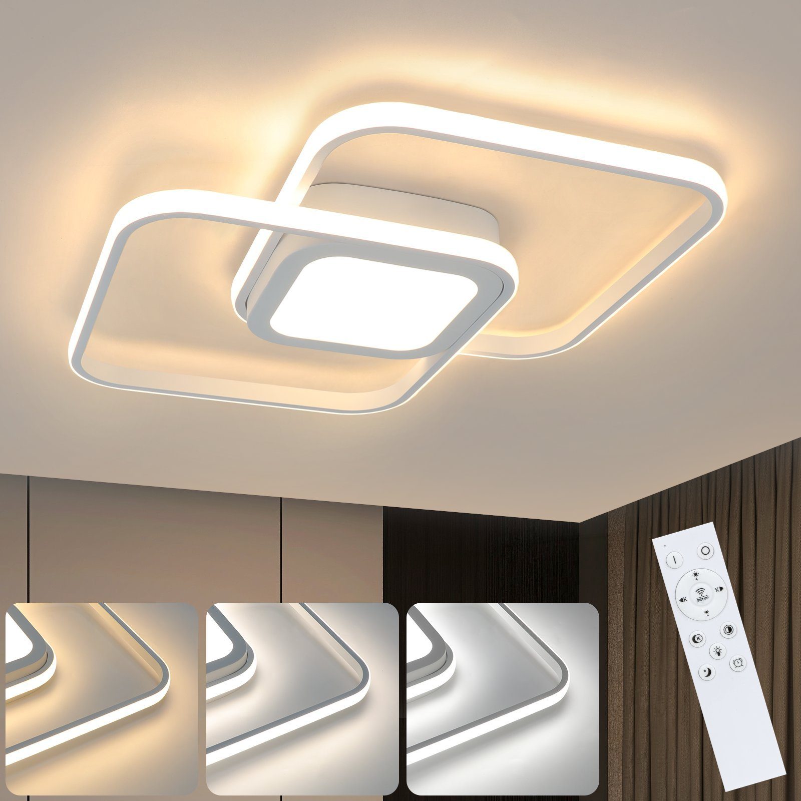 NETTLIFE 48W LED - kattovalaisin Valkoinen metalli, himmennettävä moderni Kaukosäätimellä makuuhuoneeseen, olohuoneeseen Keittiöön, ruokailutilaan