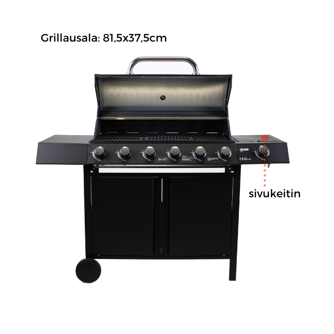 DOSE Kaasugrilli BARBEQUE, 6+1 poltinta, musta 141x110x48cm