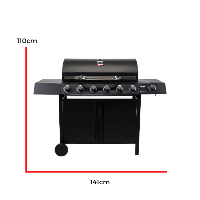 DOSE Kaasugrilli BARBEQUE, 6+1 poltinta, musta 141x110x48cm