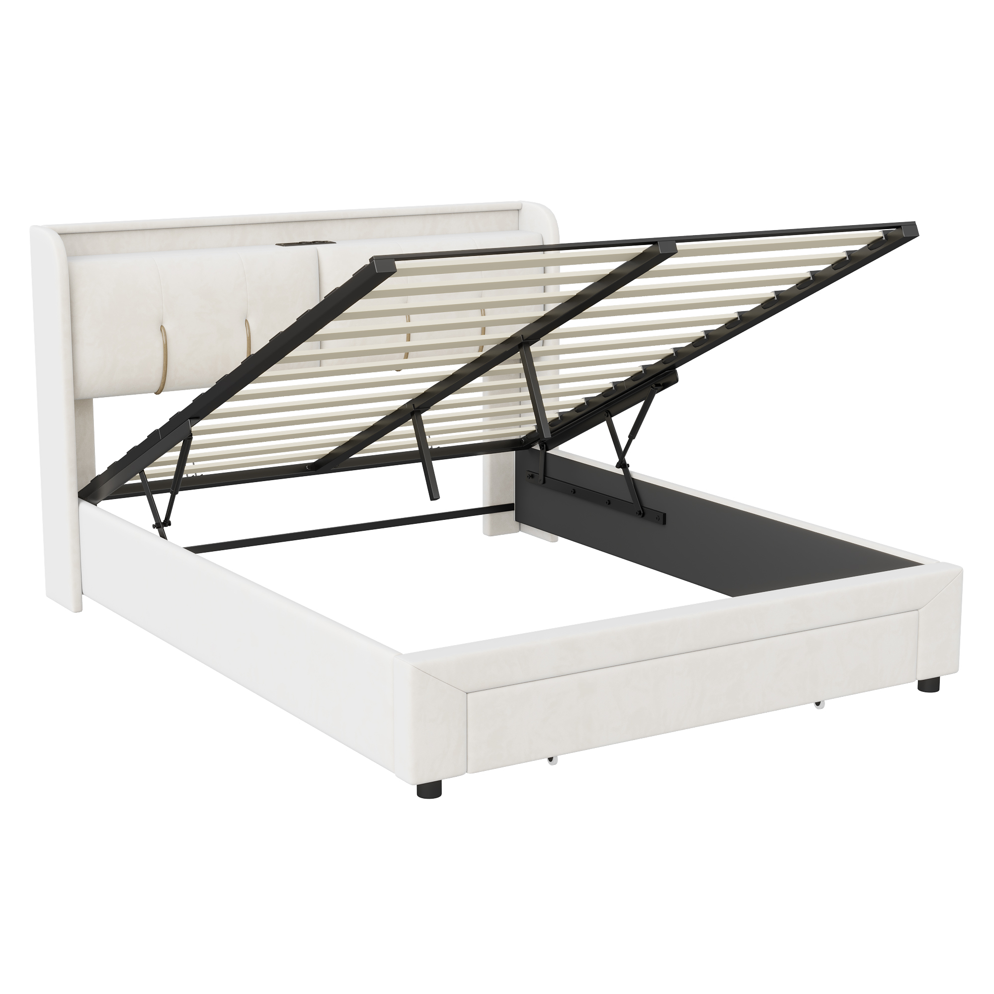 sänky 140x200 cm säilytystila LED-valaistus ja USB-liitin kermanvärinen kangas puu ja MDF