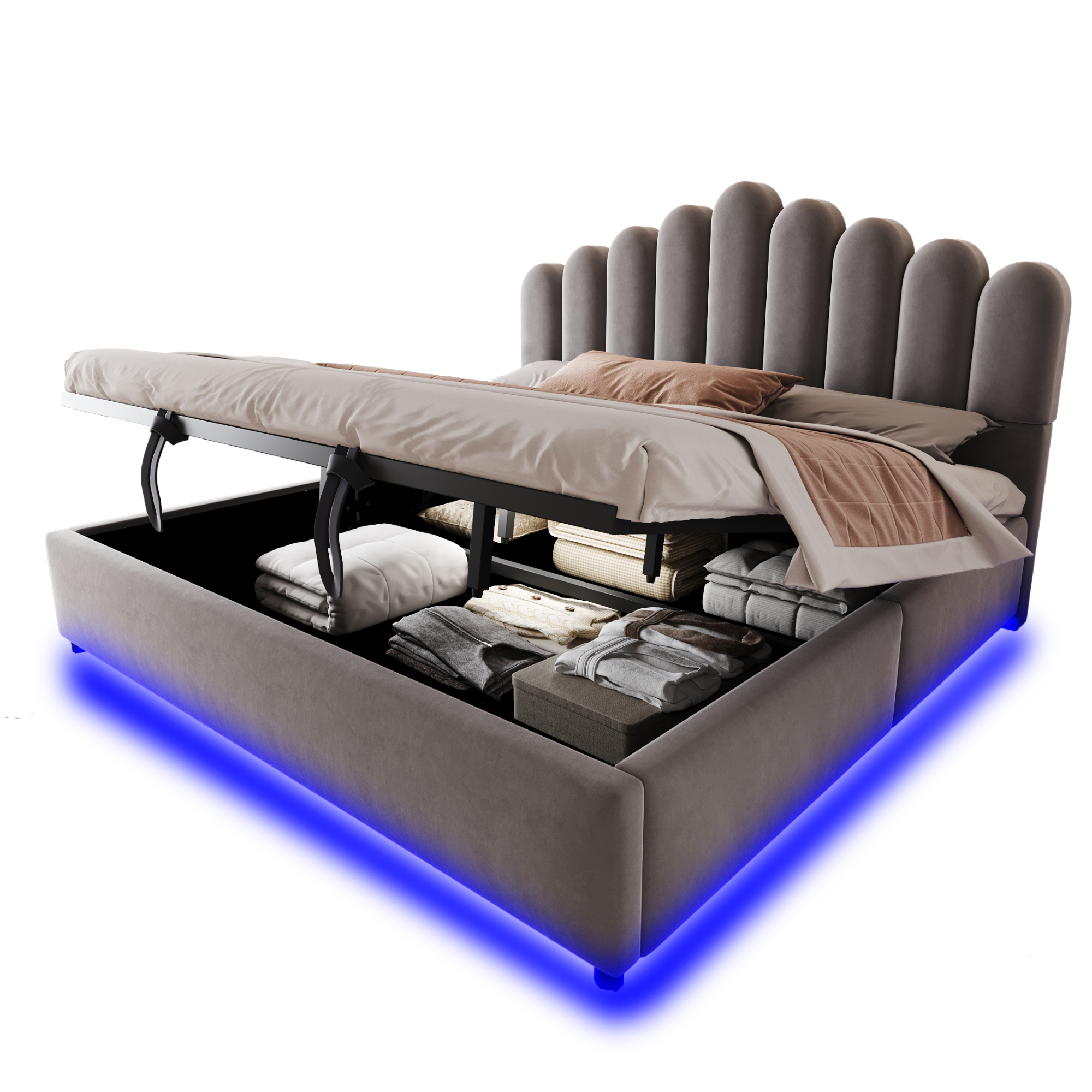 sänky 180x200 cm turva-aidat säilytystila LED-valaistus harmaa sametti