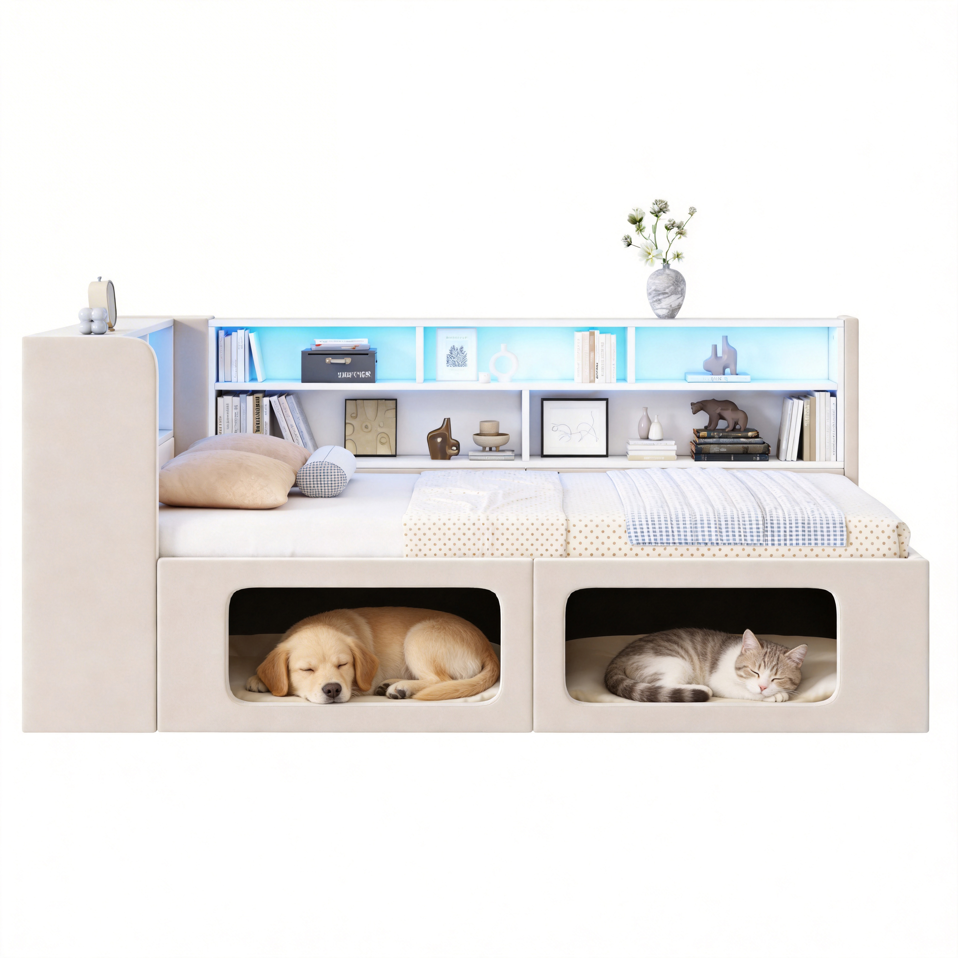 Päivävuode, 90x200 cm, lemmikkitalolla, LED, USB, säilytystila, sametti, beige