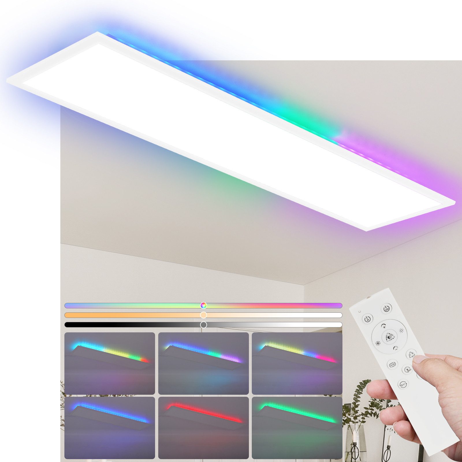 NETTLIFE LED - paneeli 120 x 30 cm, himmennettävä, litteä kattovalaisin, RGB - väriä vaihtava, kaukosäätimellä, 36 W, 3000 K -6500 K