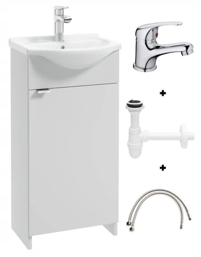 Kylpyhuonekaappi 40 cm pesualtaalla, vapaasti seisova, valkoinen, sifonilla ja kromihanalla, Kredo