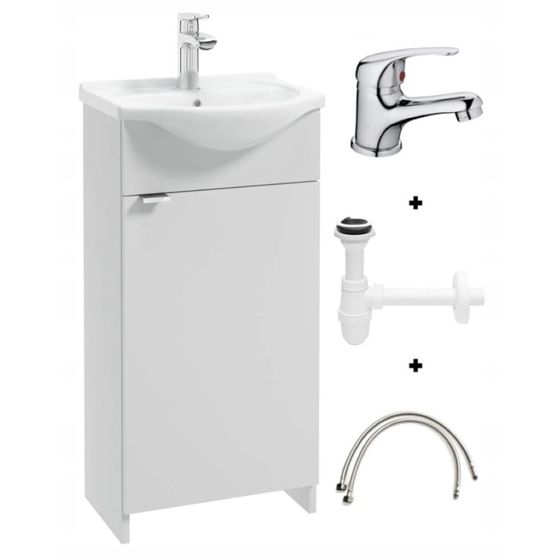 Kylpyhuonekaappi 40 cm pesualtaalla, vapaasti seisova, valkoinen, sifonilla ja kromihanalla, Kredo