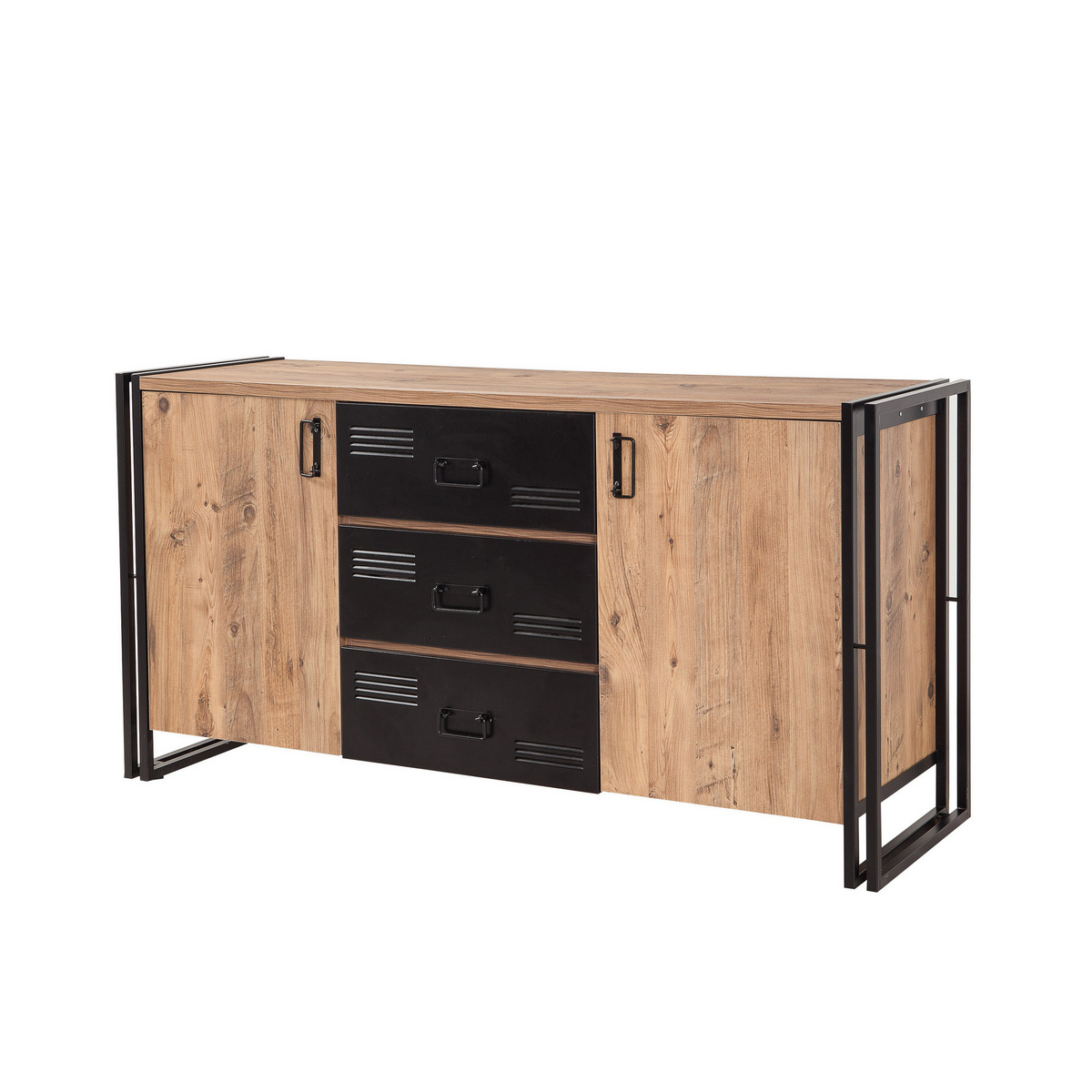 Norda Design teollisuustyylinen konsolipöytä, Atlantic-mänty & musta, 160x80x45 cm | 100% melamiini, metallirunko ja laatikot