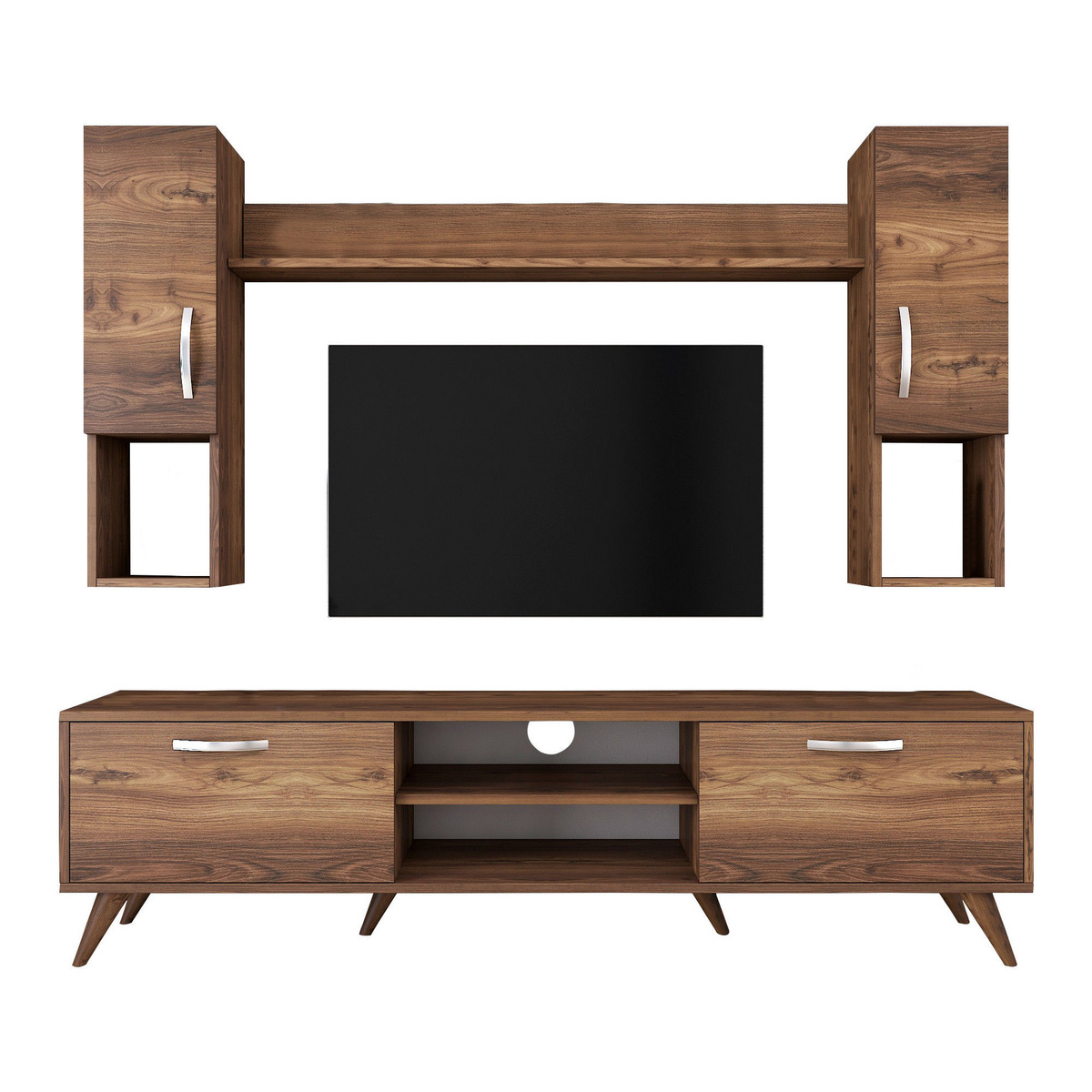 Norda Design moderni pähkinäpuinen TV-taso, 100 % melamiinipinnoitettu, 180 cm | tyylikäs seinälle asennettava malli hyllyillä