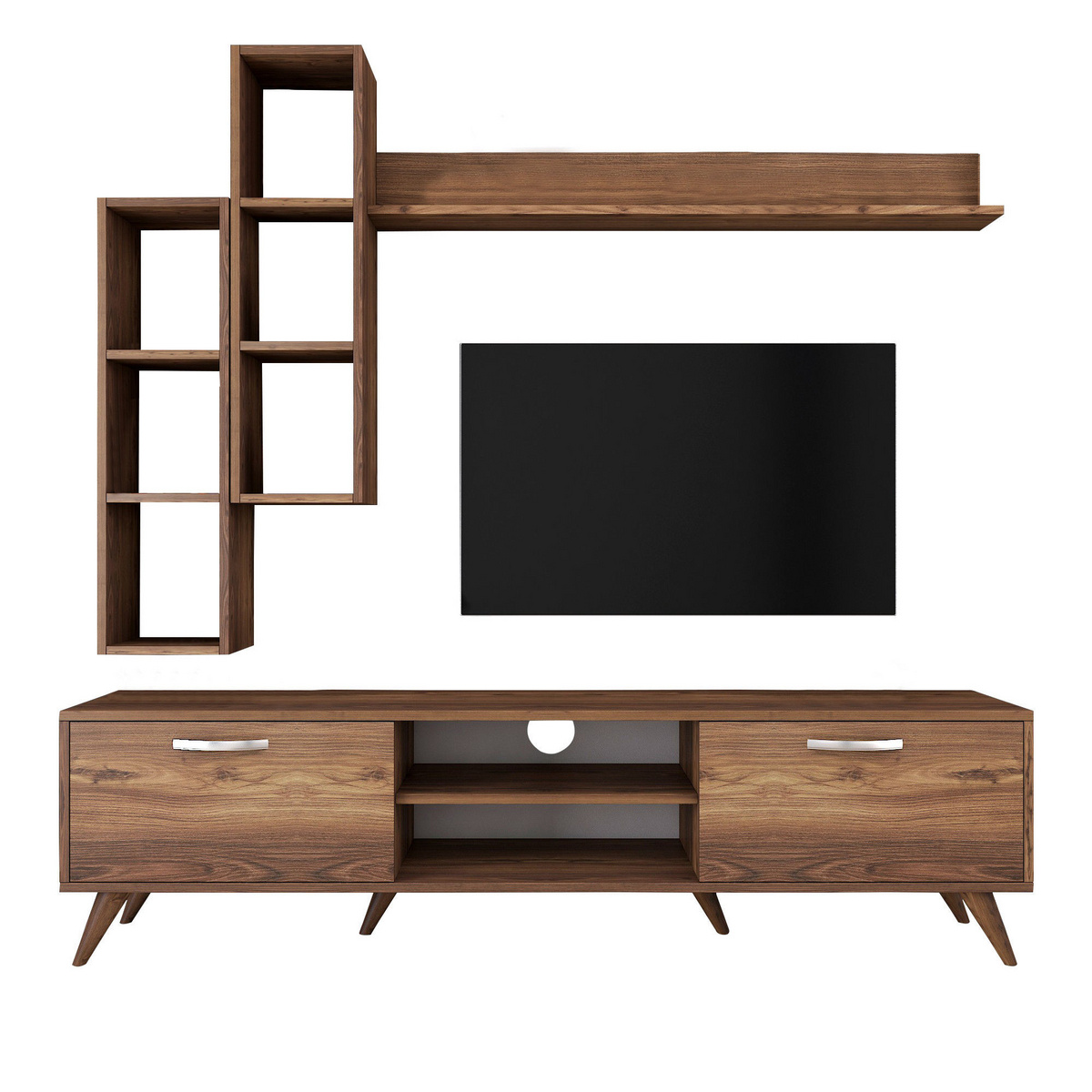 Norda Design Moderni pähkinänvärinen TV-taso seinähyllyillä, 100 % melamiinipinnoitettu, 180 cm | Tyylikäs ja toimiva muotoilu