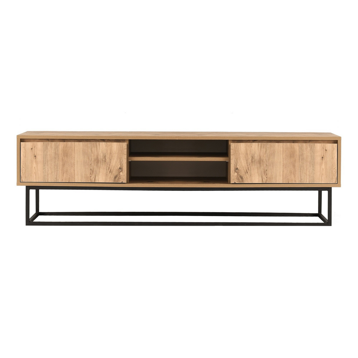 Norda Design Moderni TV-taso metallijaloilla, musta ja mänty, 140 cm | 100 % melamiinipäällystetty, 2 vetolaatikkoa, seinäkiinnitettävä