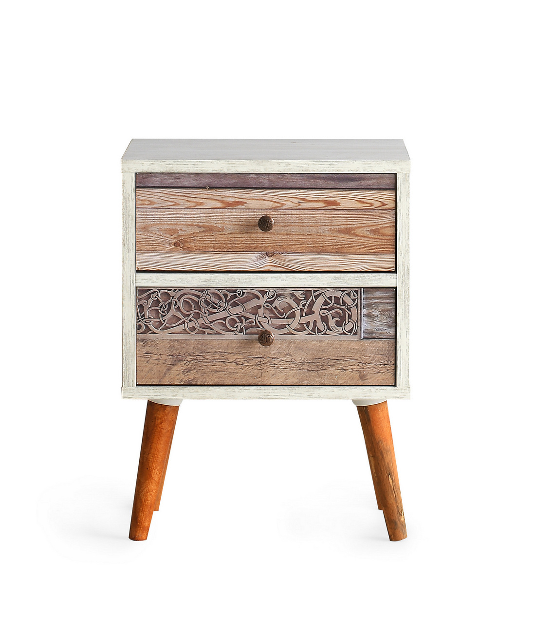 Norda Design rustiikkinen yöpöytä kahdella laatikolla, valkoinen ja pähkinä, 40 x 55 x 35 cm | 100 % melamiinipinnoite, puiset jalat