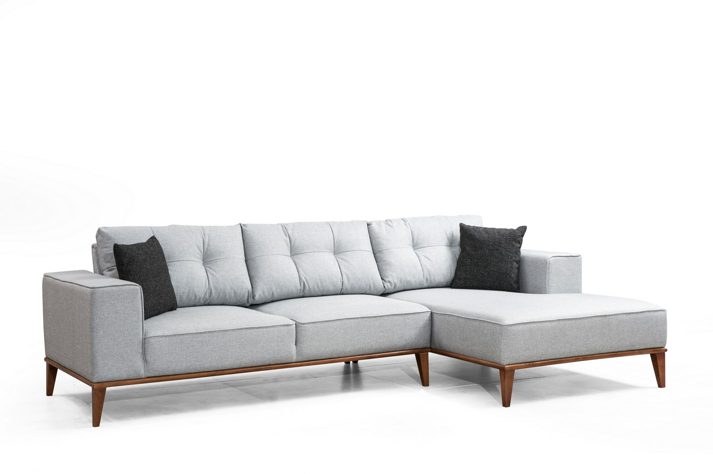 Norda Design Tyylikäs kulmavuodesohva, vaaleanharmaa, 288 x 160 cm | Pyökki- ja lastulevyrunko, 100 % polyesteri, pähkinäpuujalat | Mukava ja monipuolinen