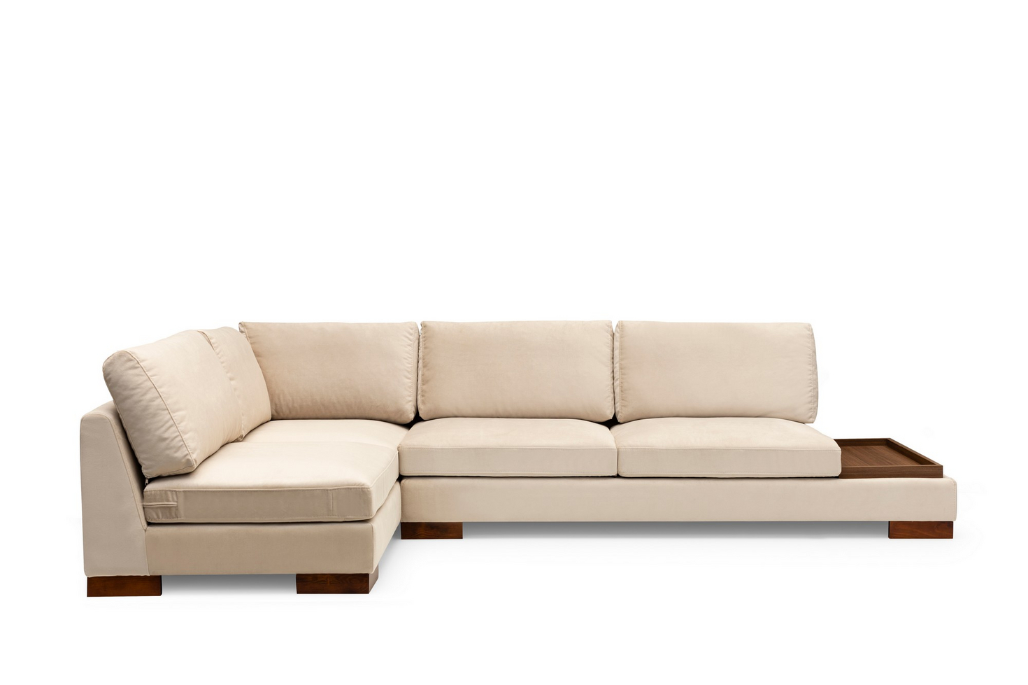 Norda Design Elegantti kulmasohva, beige, 193 x 313 cm | pyökkirunko, 100 % polyesteri, pähkinäpuujalat | sisältää 2 tyynyä