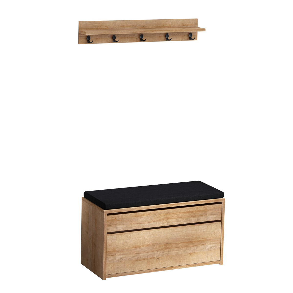 Norda Design Moderni eteisteline seinähyllyllä ja vaatenaulakolla, tammi ja musta, 80x42x35 cm | 100 % melamiini, skandinaavinen muotoilu