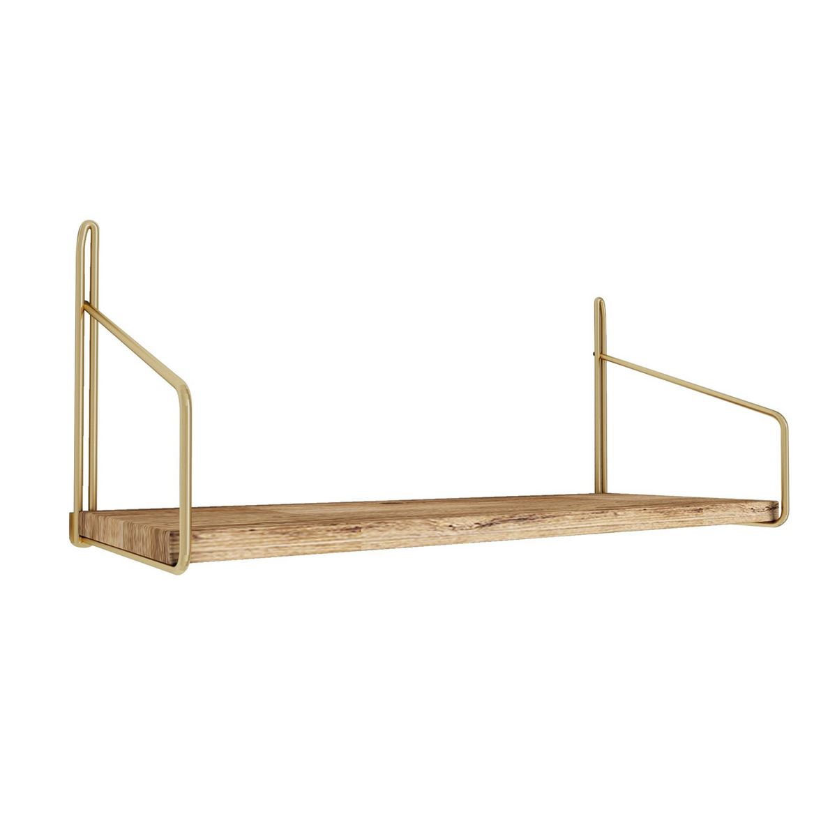Norda Design täyspuinen seinähylly metallikannattimilla, 45 x 16 x 16 cm, kulta ja ruskea | 3 kg kantavuus, moderni teollinen muotoilu