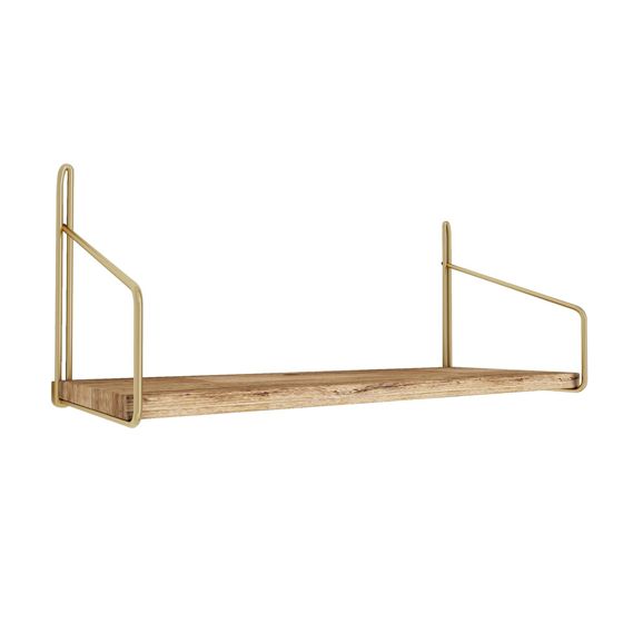 Norda Design täyspuinen seinähylly metallikannattimilla, 45 x 16 x 16 cm, kulta ja ruskea | 3 kg kantavuus, moderni teollinen muotoilu