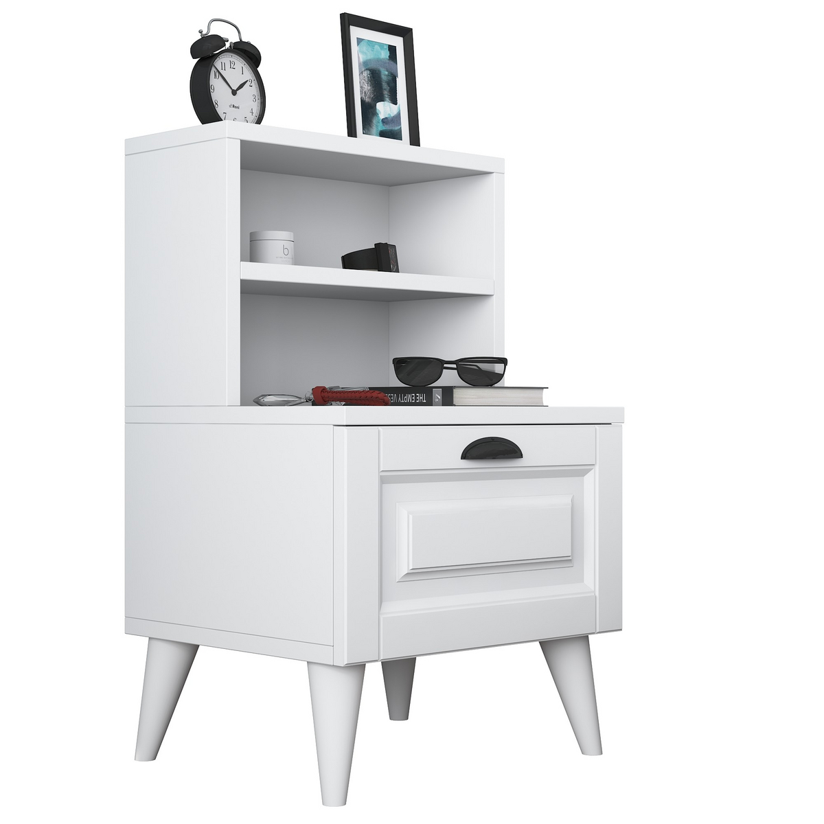 Norda Design Moderni valkoinen yöpöytä, useilla hyllyillä, 100 % melamiinipinnoitettu, 45 x 74,4 x 40 cm | Tyylikäs säilytysratkaisu