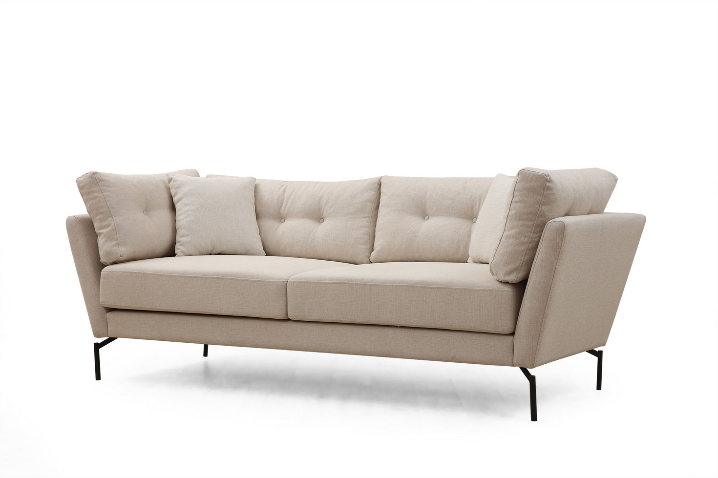 Norda Design Eleganttinen 3-paikkainen sohva, kermanvärinen, 214 cm | pyökkirunko, pehmeä polyesteri, metallijalat, 2 tyynyä mukana