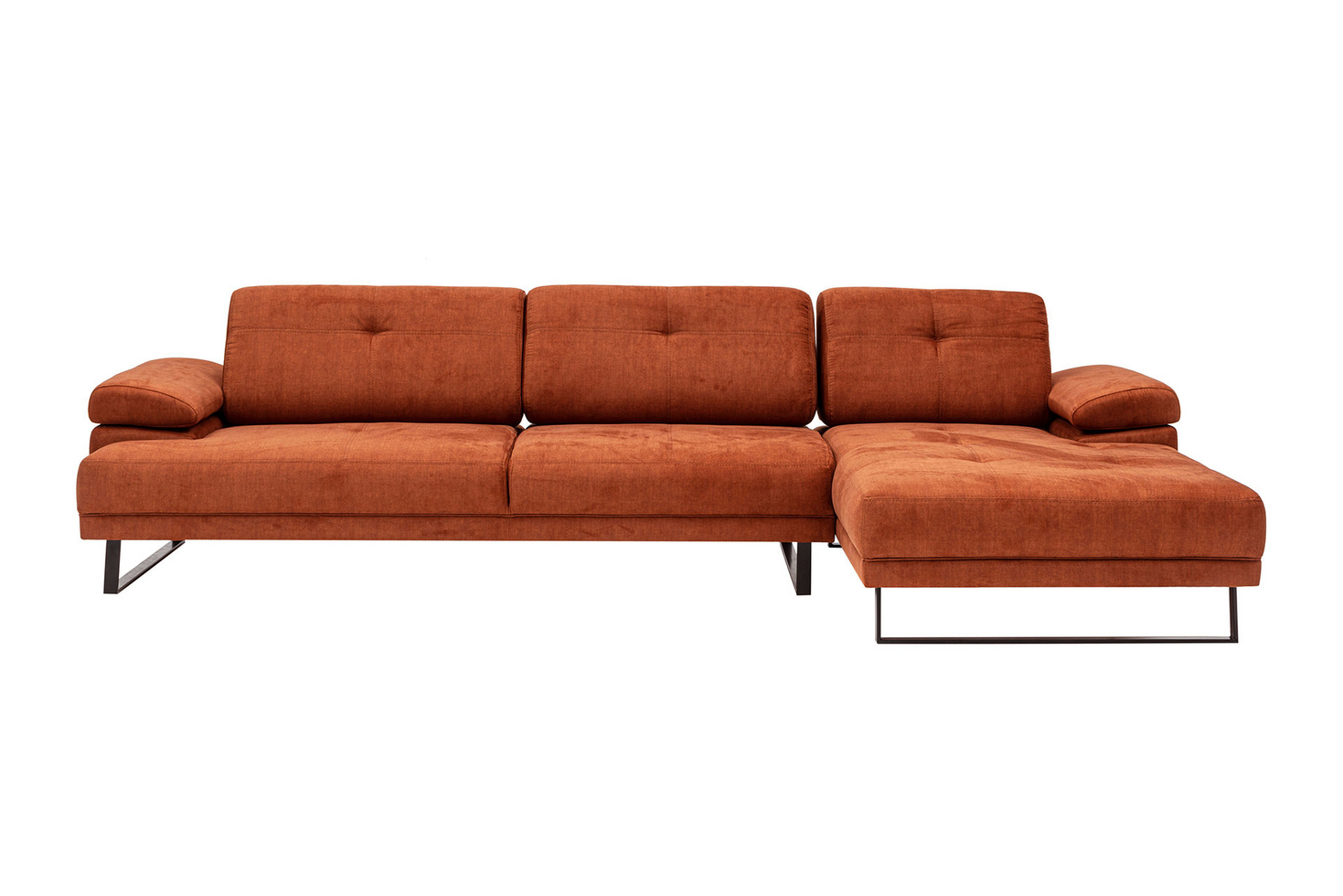 Norda Design Tyylikäs oranssi kulmasohva, pyökki- ja lastulevyrunko, 314 x 174 cm, säädettävä selkänoja, moderni muotoilu