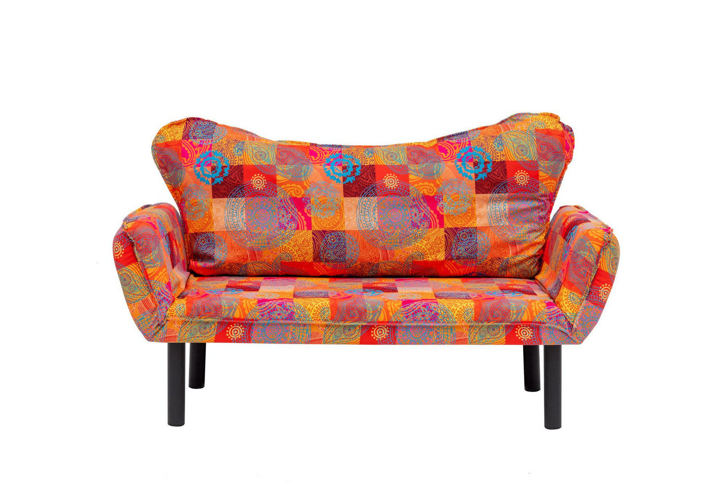 Norda Design Tyylikäs 2-paikkainen vuodesohva, metallirunko, tilkkutyökangas, 150 cm | Säädettävä käsinoja, 200 kg kantavuus, boheemi muotoilu