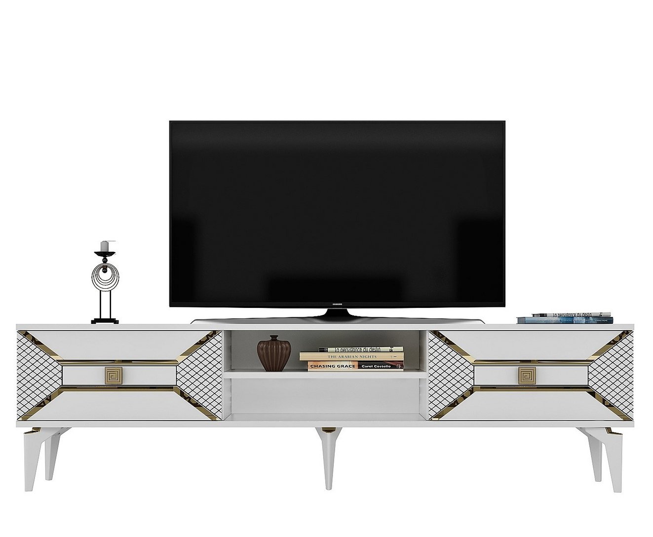 Norda Design moderni TV-taso kultaisilla yksityiskohdilla, 150 cm | 100 % melamiinipinnoitettu, 18 mm paksu | Tyylikäs valkoinen ja kultainen muotoilu