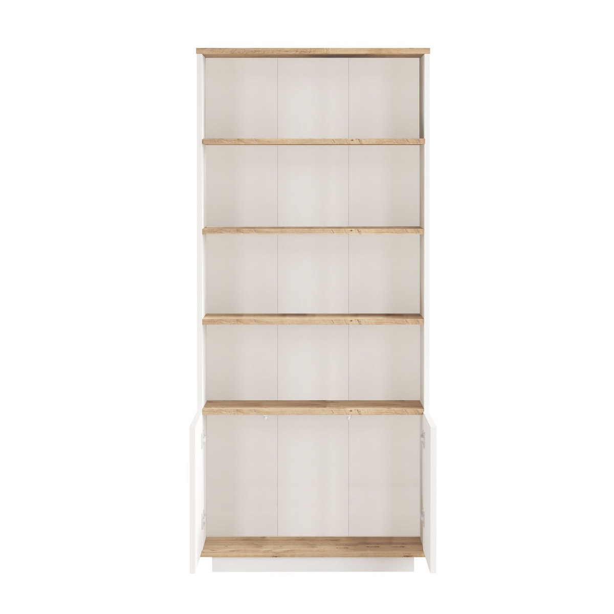 Norda Design Moderni skandinaavinen kirjahylly, Atlantic-mänty & valkoinen, 75 cm x 168,3 cm x 26,8 cm | 100 % melamiinipinnoitettu | Paina-aukeavat ovet