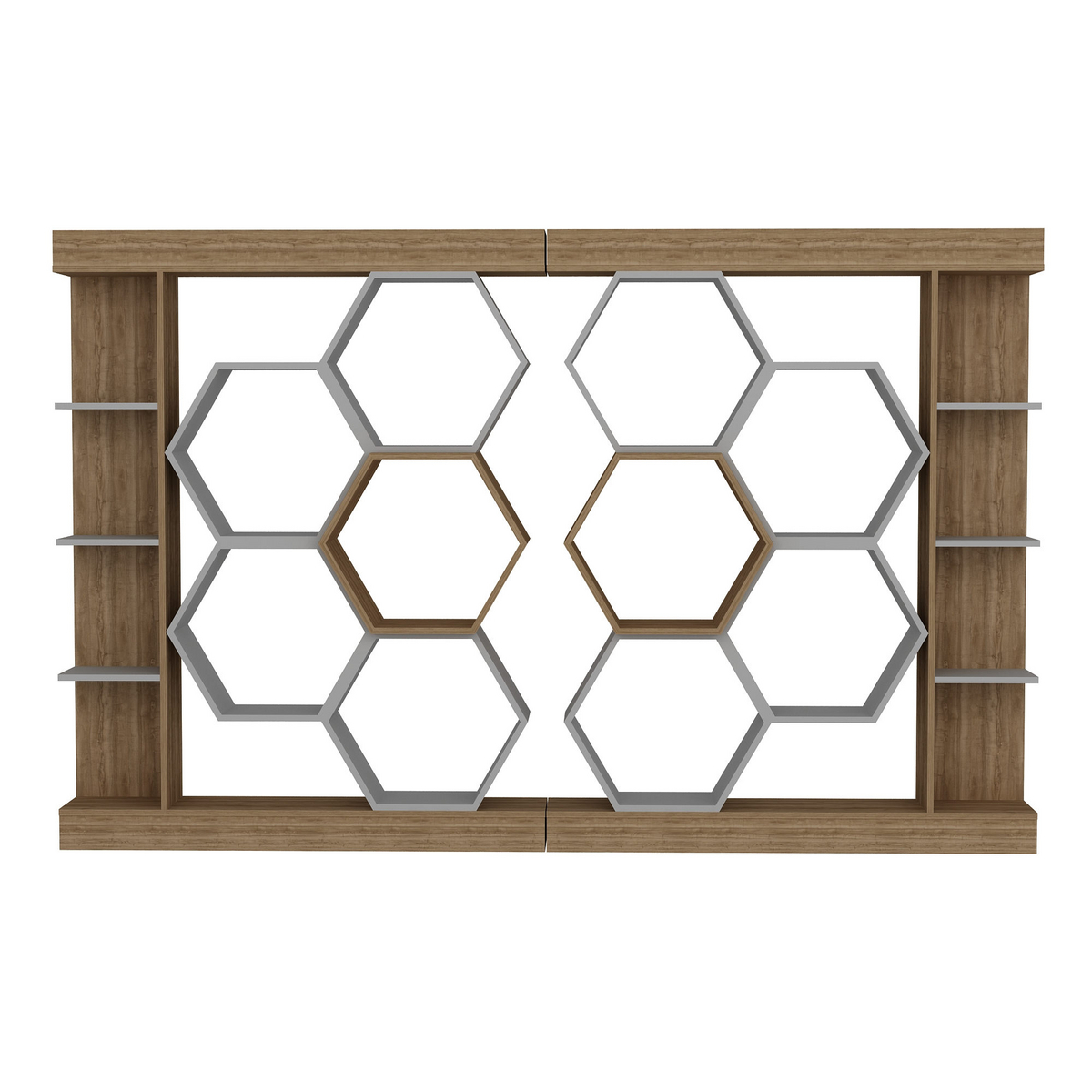 Norda Design moderni geometrinen kirjahylly, valkoinen ja pähkinä, 140 x 29,6 x 177,4 cm | 100 % melamiinipinnoitettu, 18 mm paksuinen | tyylikäs säilytysratkaisu