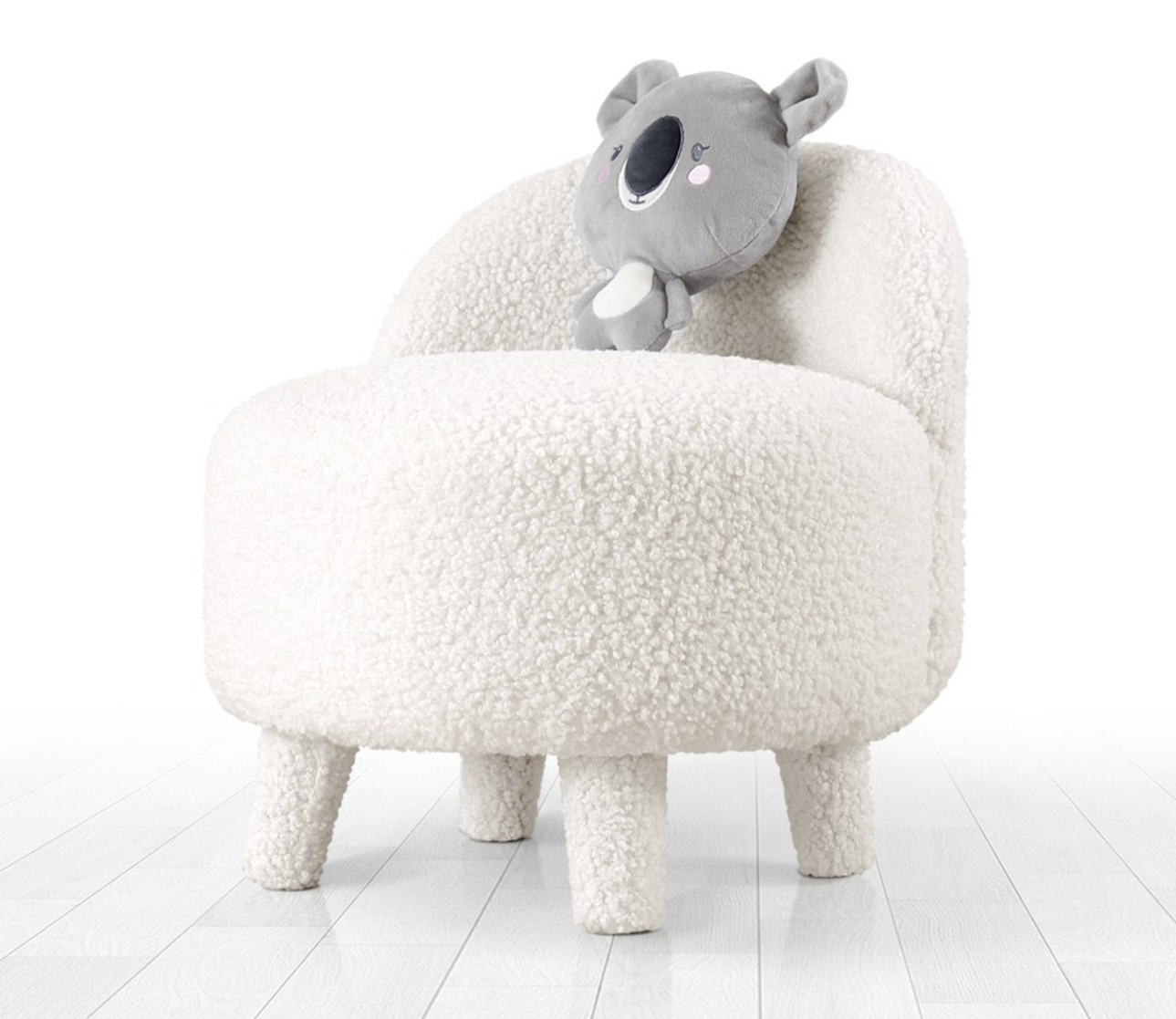 Norda Design moderni valkoinen rahi, 100 % keinoturkis, puiset jalat, 6 cm ortopedinen vaahtomuovi, 46 cm halkaisija, 51 cm korkeus