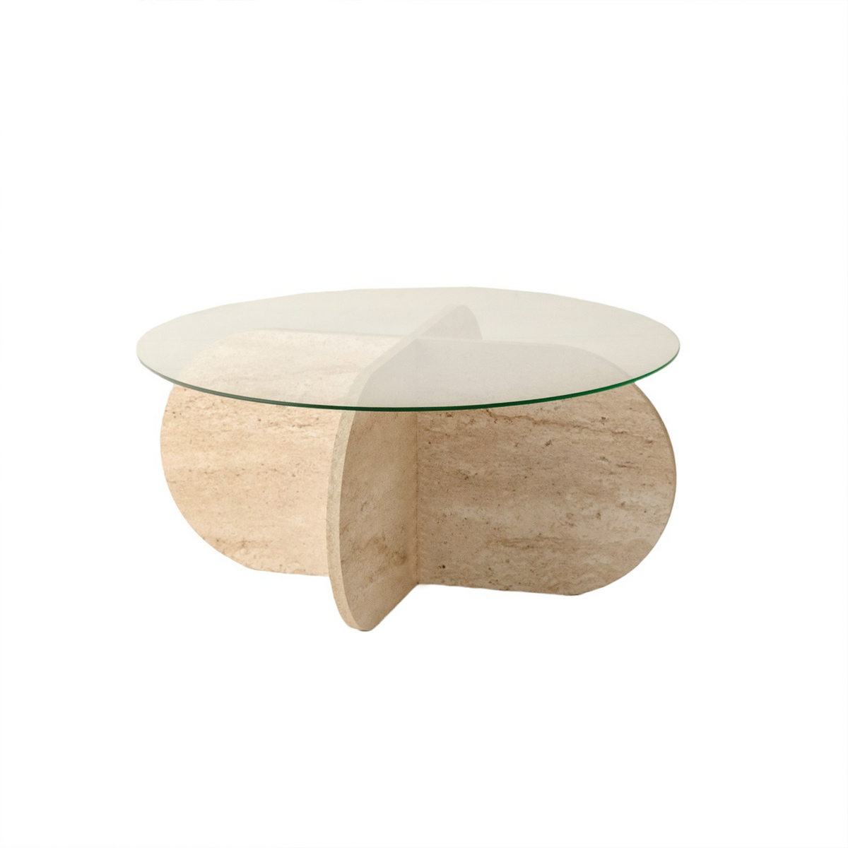 Norda Design moderni sohvapöytä, halkaisija 75 cm, korkeus 35 cm, beige travertiini, 100 % lasikansi ja melamiinipohja