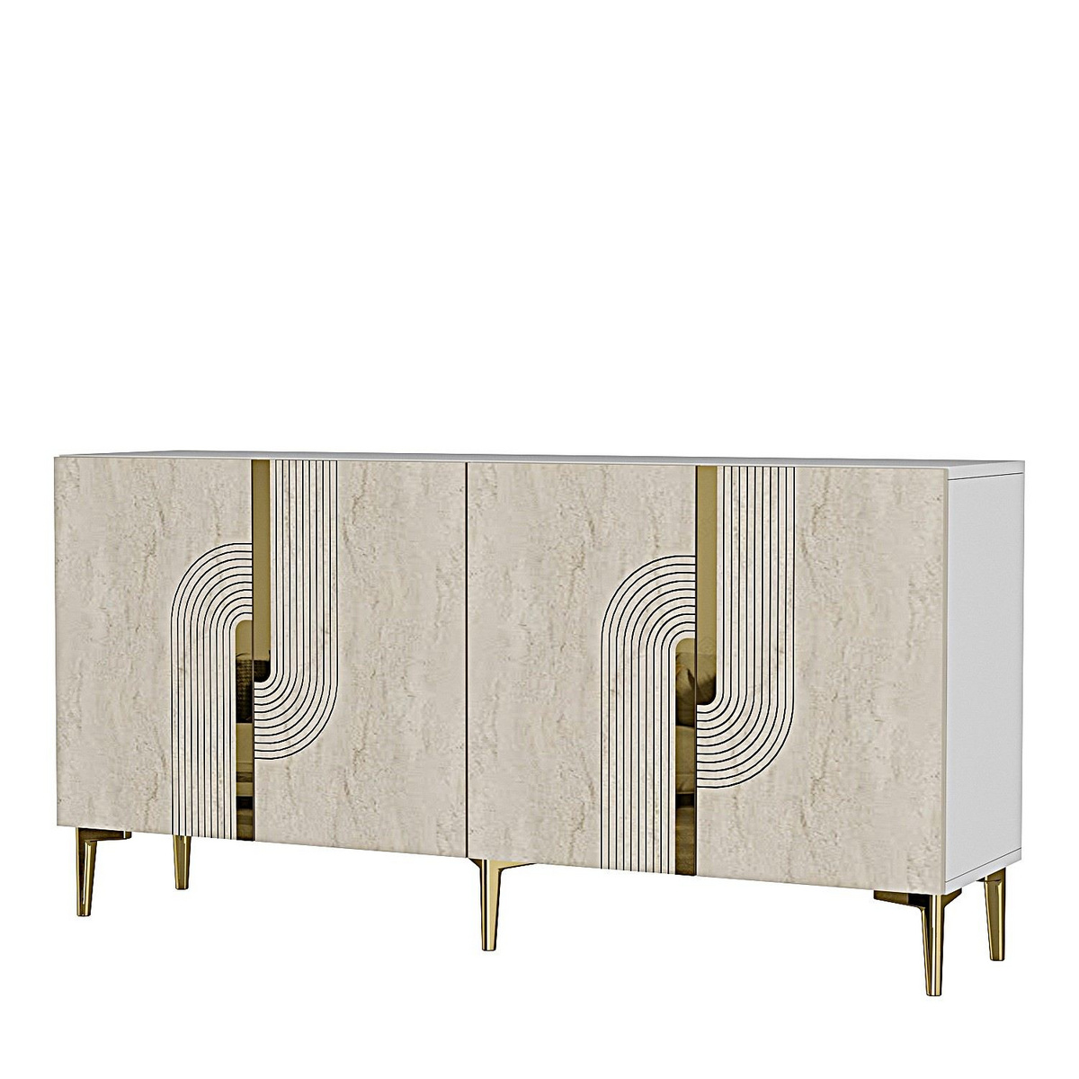 Norda Design Elegantti konsolipöytä, valkoinen ja travertiini kultaisilla yksityiskohdilla, 150 cm | 100 % melamiinia, seinään kiinnitettävä, moderni muotoilu
