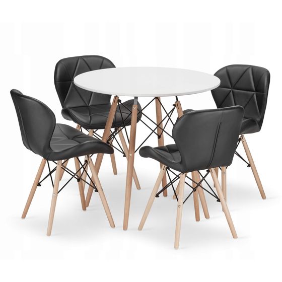 TODI 80 pyöreä pöytä, valkoinen, 4 LAGO-tuolia, musta