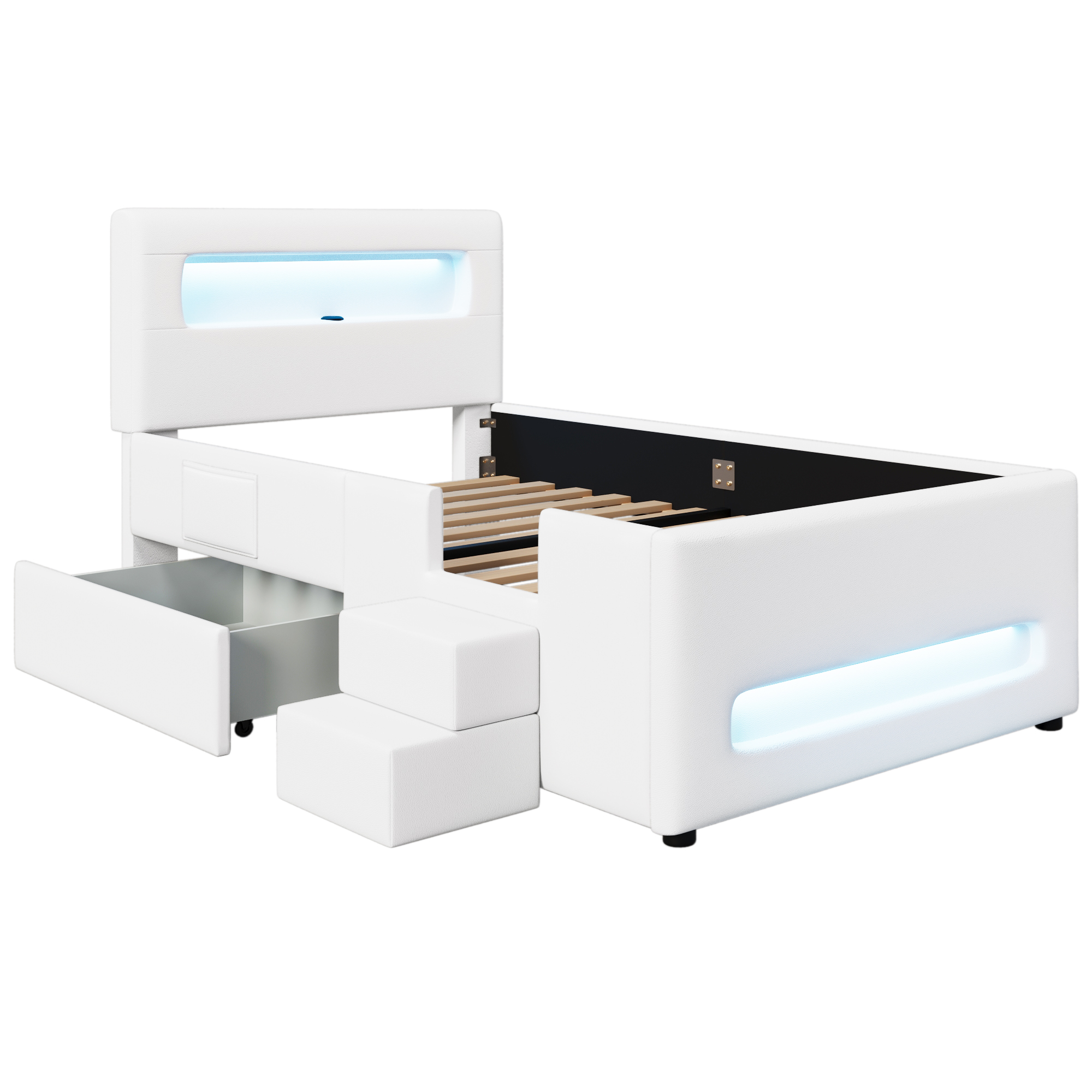 sänky 90x200 cm turva-aidat säilytystila LED-valaistus valkoinen MDF
