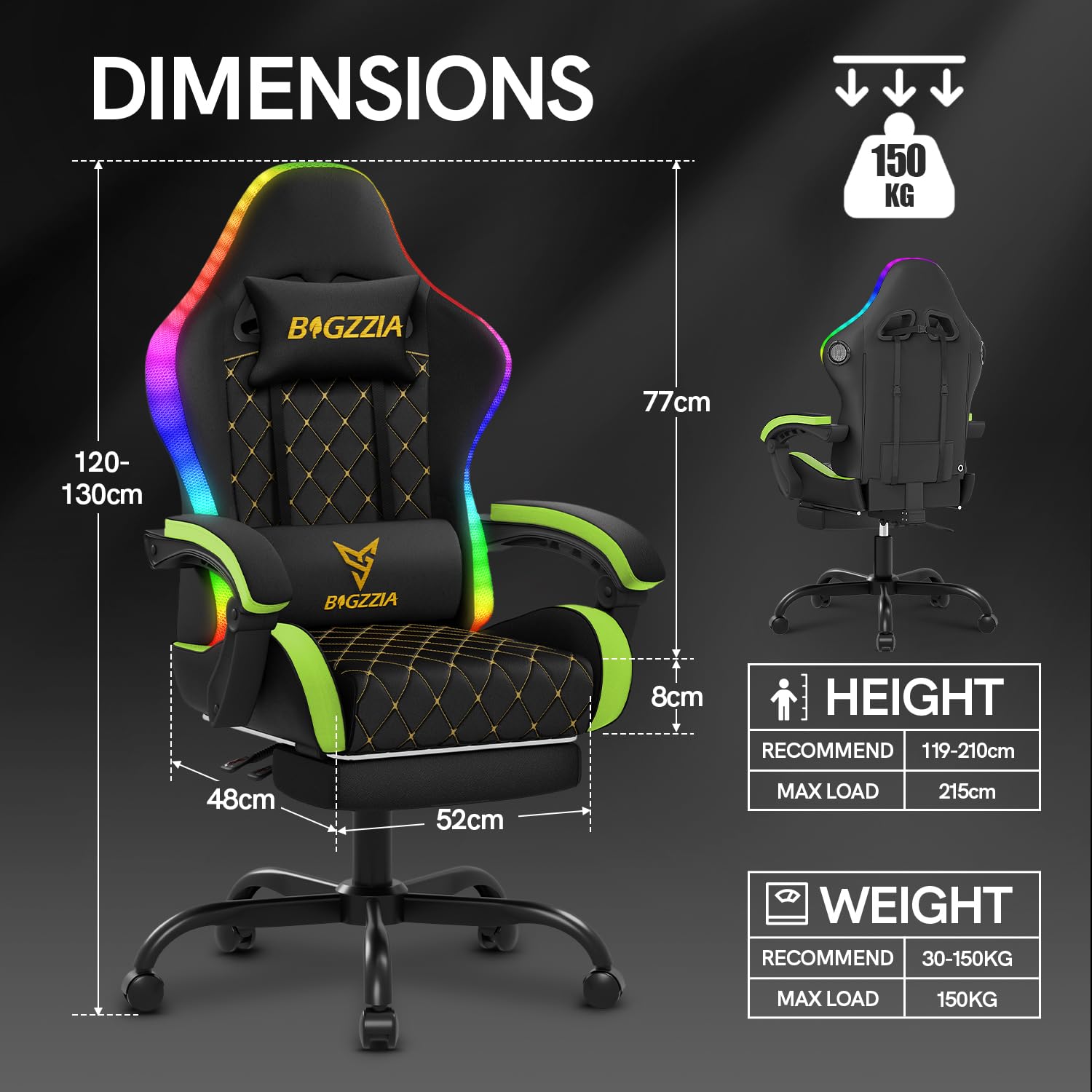 Pelituoli G01 RGB valolla ja Bluetooth kaiuttimilla Vihreä