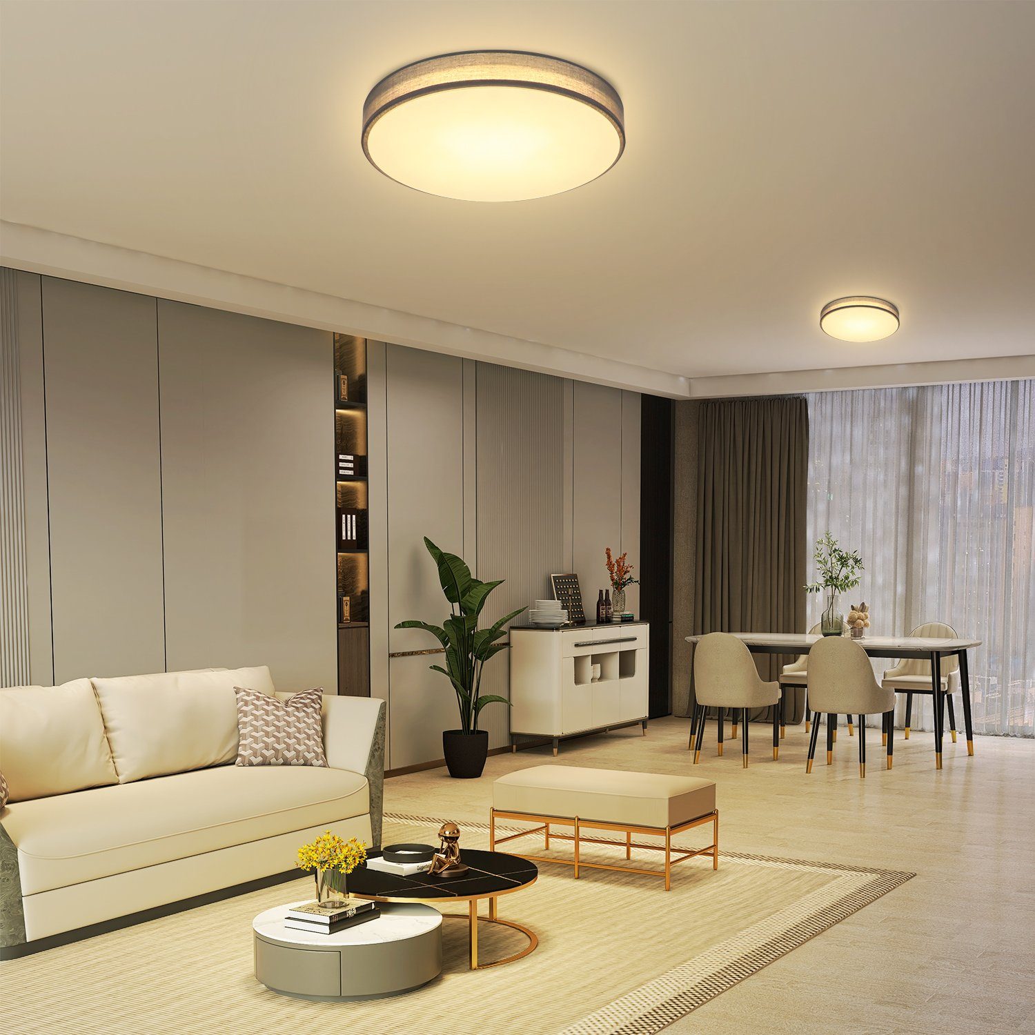 NETTLIFE LED - kattovalaisin, harmaa 38W, pyöreä moderni, himmennettäväKaukosäätimellä, makuuhuonevalaisin Kangasvarjostimella