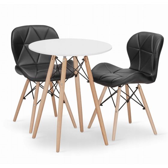 TODI 60 pyöreä pöytä, valkoinen, 2 LAGO-tuolia, musta