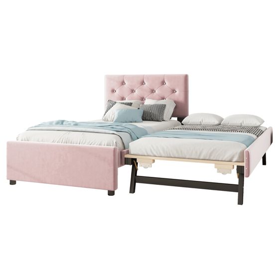 Verhoiltu sänky 90x200 cm, sälepohjalla ja pyörillä varustetulla säilytyskalusteella, pinkki