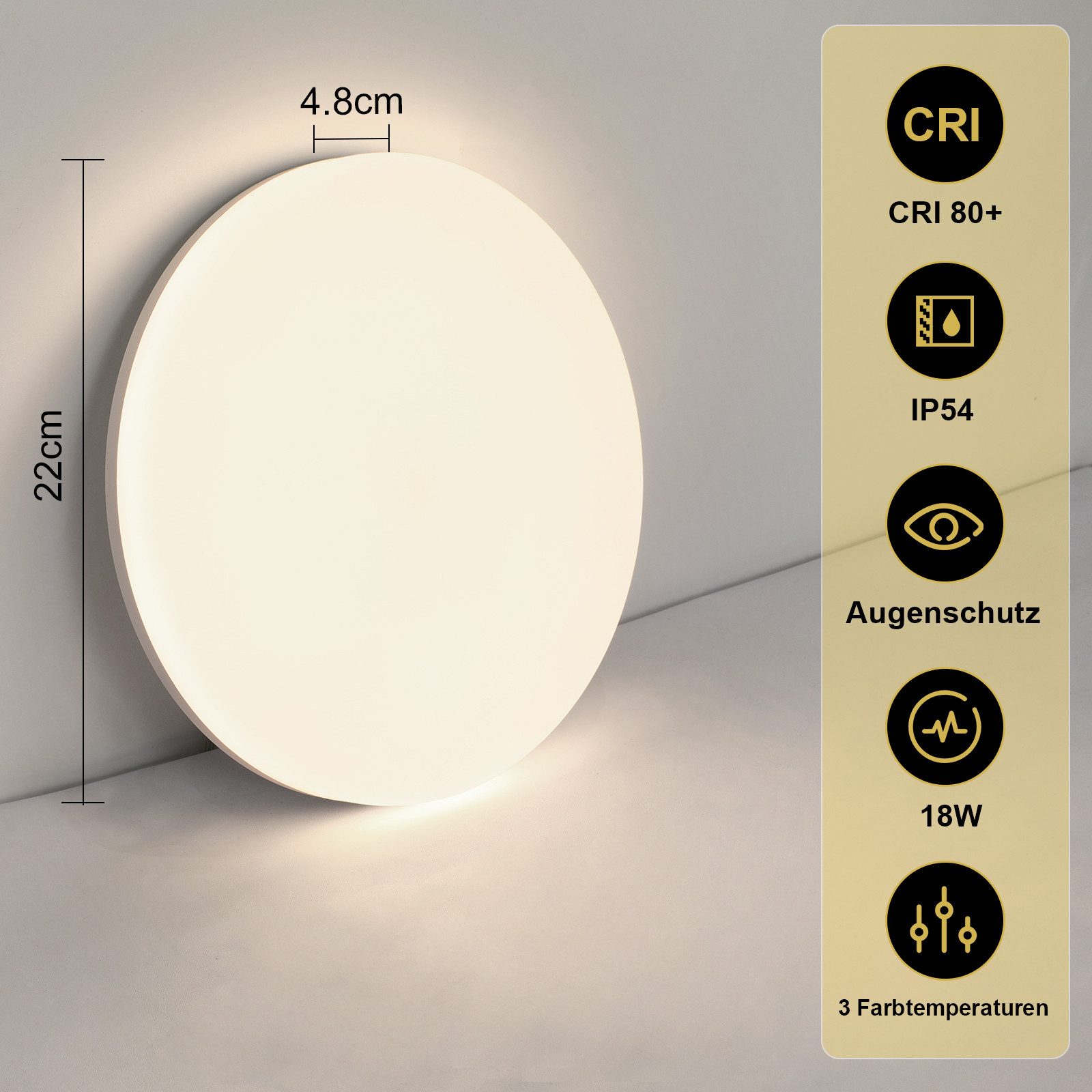 NETTLIFE LED - kattovalaisin, 18W 22CM, pyöreä IP54 litteä himmennettävä, makuuhuoneen Kylpyhuoneen Valaisin KaukosäätimelläKeittiön eteiseen