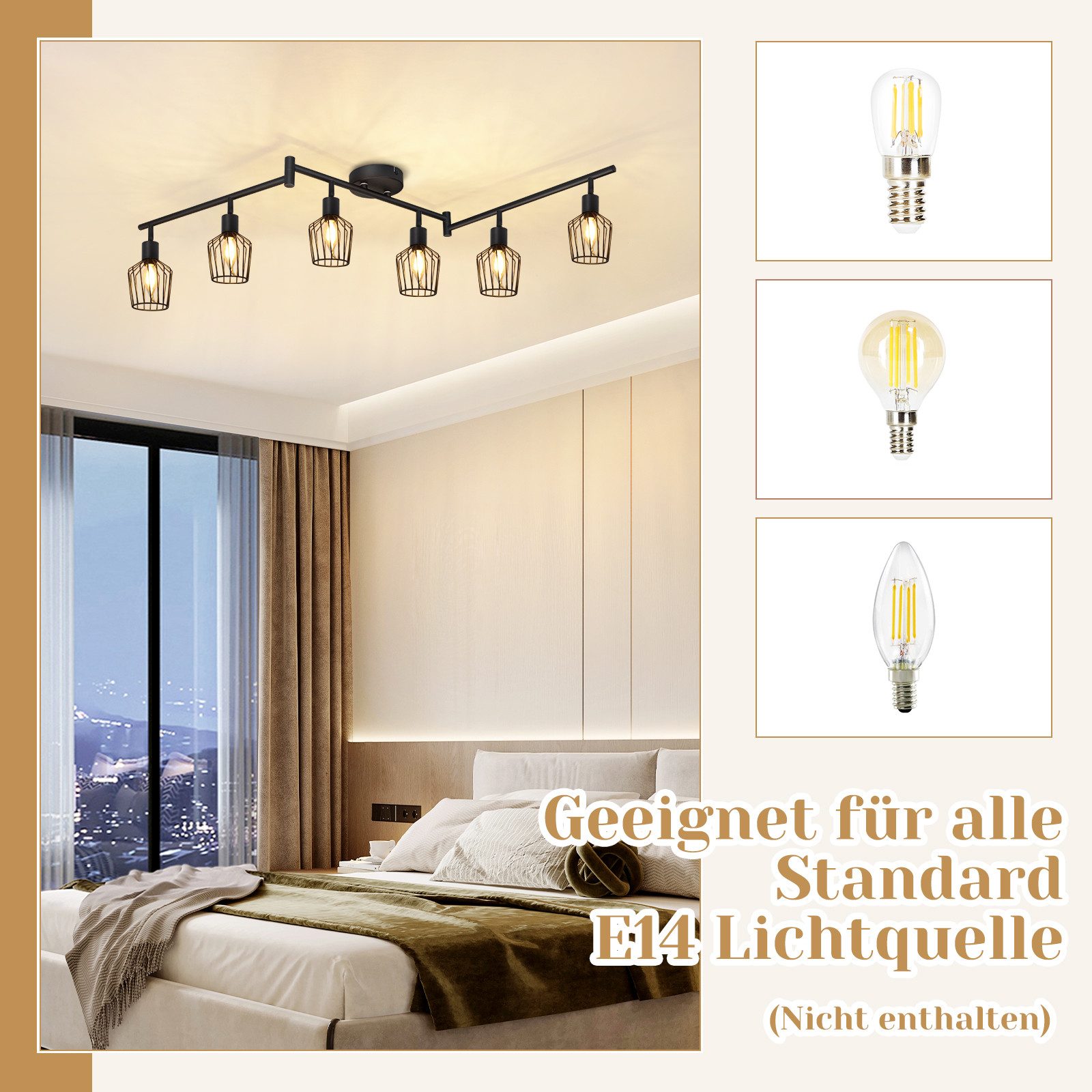 NETTLIFE Kattovalaisin E14 6 liekkiä musta kattokohdevalaisin teollisuuskäyttöön LED - kohdevalaisin 350° käännettävä himmennettävä