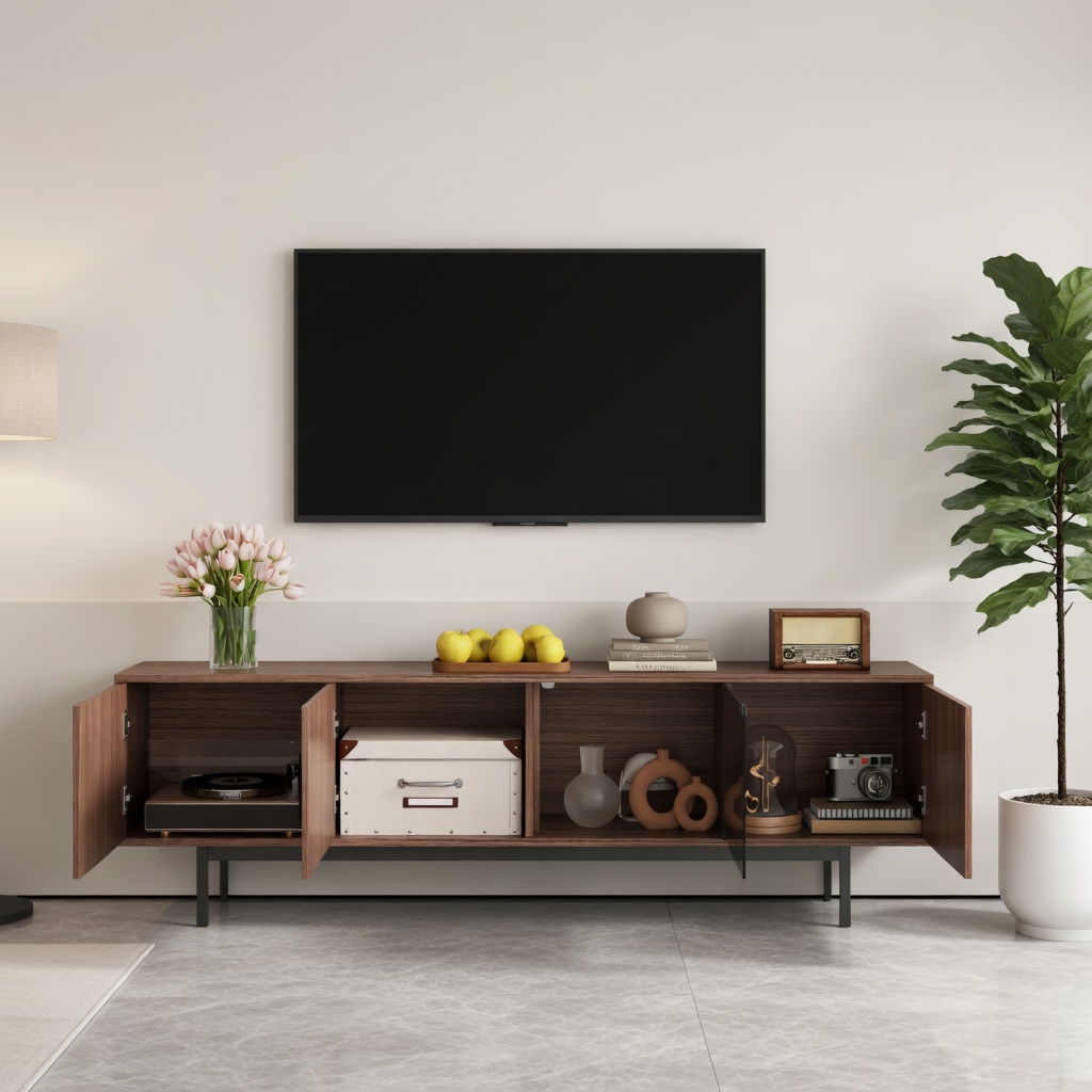 TV-taso 200x35x53 cm walnut brown black lastulevy säilytyksellä liukuovilla ja LED-valaistuksella