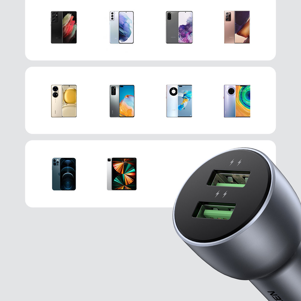 Nopea Autolaturi 2x USB 36W Pikalataus SCP FCP AFC Harmaa