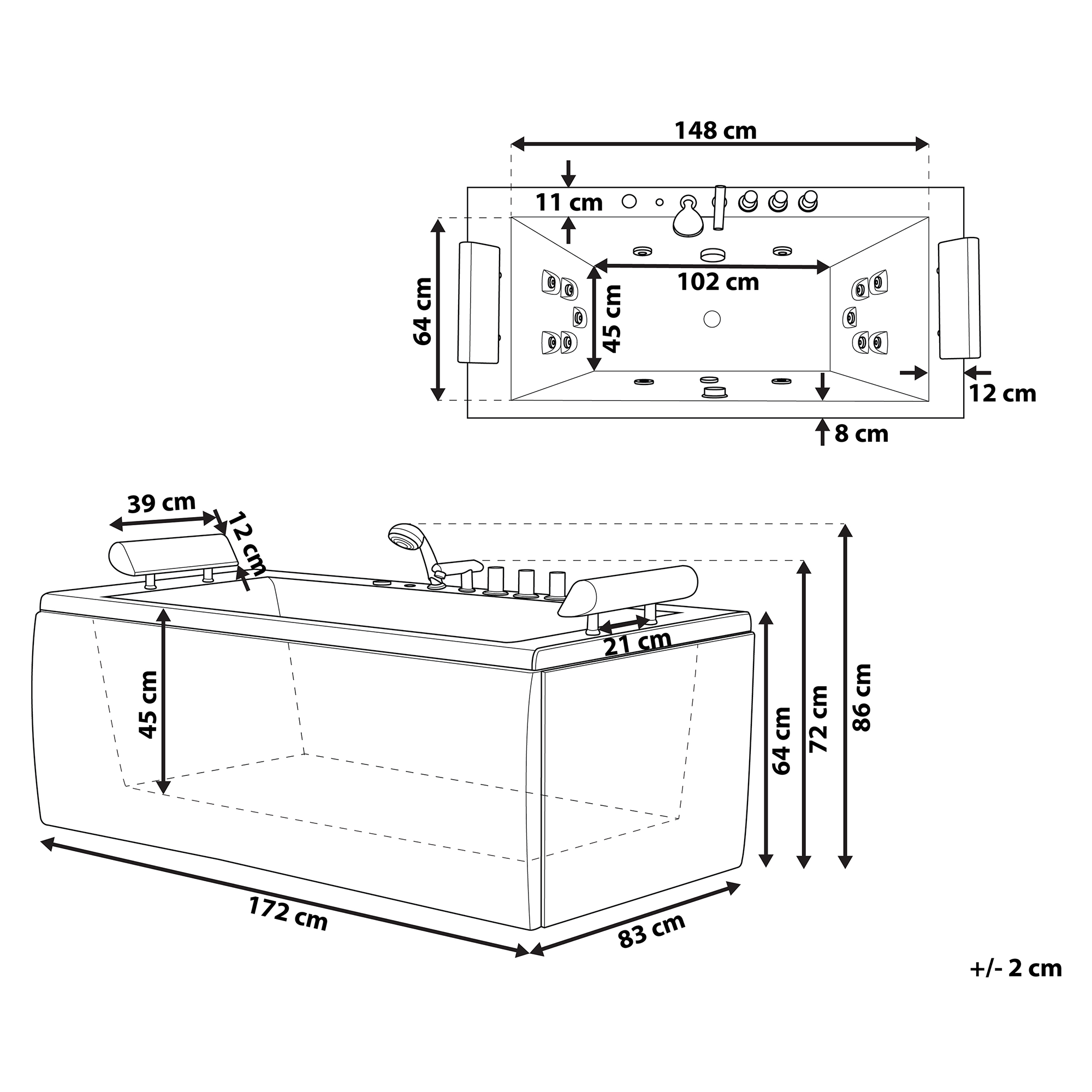 Kulmaporeamme LED-valolla MONTEGO 172 x 83 cm Valkoinen