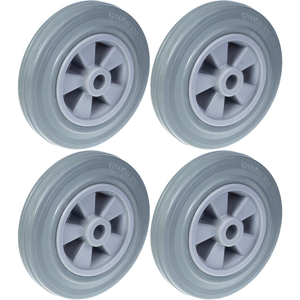 200 mm:n (8 tuuman) pyörä, harmaa kumirengas ja muovinen keskiosa, kantavuus 820 kg, 4 kpl:n sarja