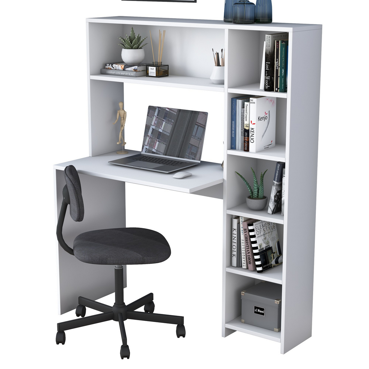 Norda Design moderni opiskelupöytä kirjahyllyllä, 100 % melamiinipinnoitettu, 113.2 x 141.8 x 40 cm | Tyylikäs ja käytännöllinen