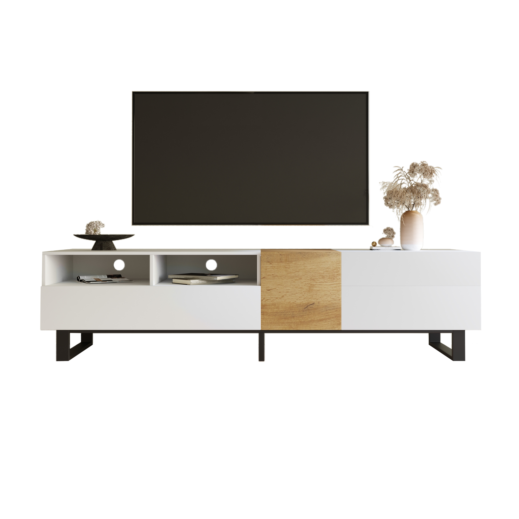 TV-taso 180x50x38 cm valkoinen ja puuoptiikka MDF säilytyksellä