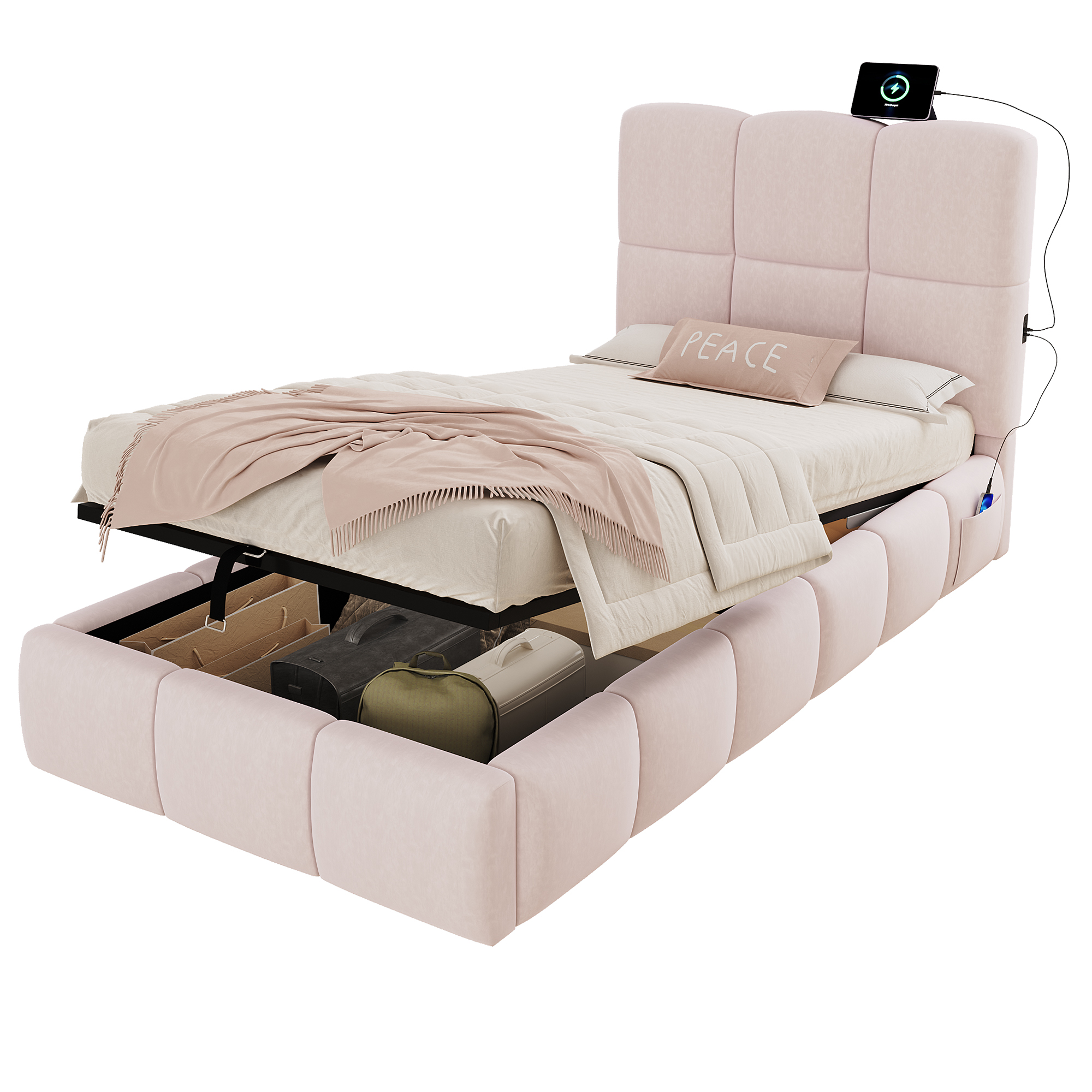 sänky 90x200 cm turva-aidat säädettävä säilytystila USB-lataus pinkki sametti